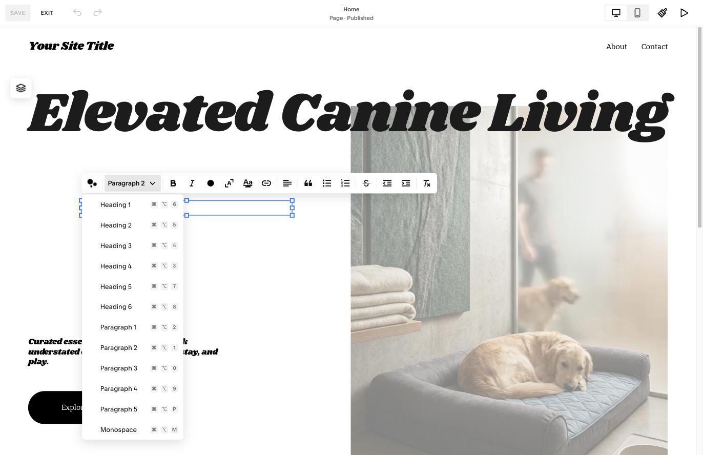 The Squarespace 7.1 text menu open, listing Heading 1 to Heading 6 and Paragraph 1 to Paragraph 5 with their keyboard shortcuts